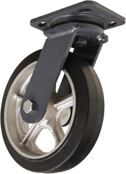 Hamilton - 8" Diam x 2" Wide x 9-1/2" OAH Top Plate Mount Swivel Caster - Rubber Mold on Cast Iron, 500 Lb Capacity, Tapered Roller Bearing, 4 x 5" Plate - Exact Tooling