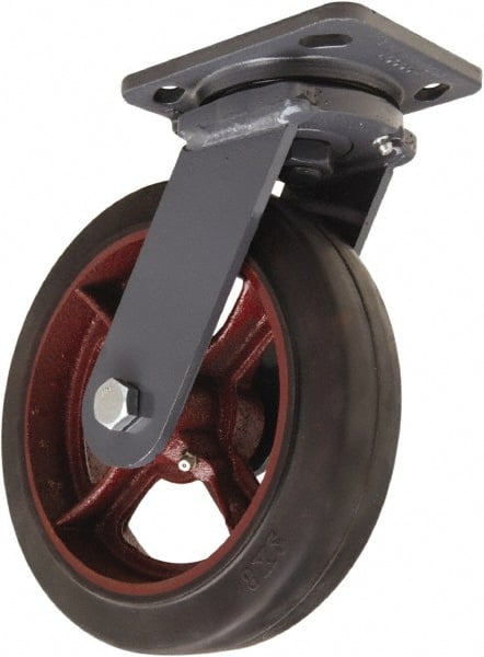 Hamilton - 8" Diam x 2" Wide x 9-1/2" OAH Top Plate Mount Swivel Caster - Rubber Mold on Cast Iron, 500 Lb Capacity, Straight Roller Bearing, 4 x 5" Plate - Exact Tooling