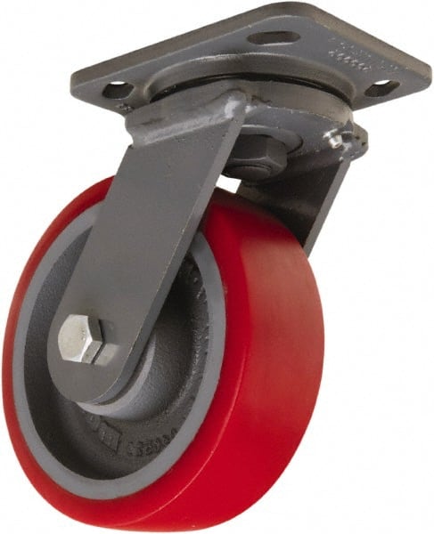 Hamilton - 6" Diam x 2" Wide x 7-1/2" OAH Top Plate Mount Swivel Caster - Polyurethane Mold onto Cast Iron Center, 1,400 Lb Capacity, Sealed Precision Ball Bearing, 4 x 5" Plate - Exact Tooling