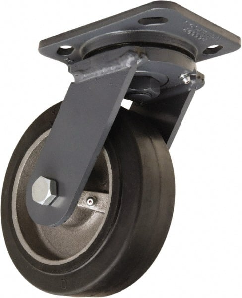 Hamilton - 6" Diam x 2" Wide x 7-1/2" OAH Top Plate Mount Swivel Caster - Rubber Mold on Cast Iron, 410 Lb Capacity, Tapered Roller Bearing, 4 x 5" Plate - Exact Tooling