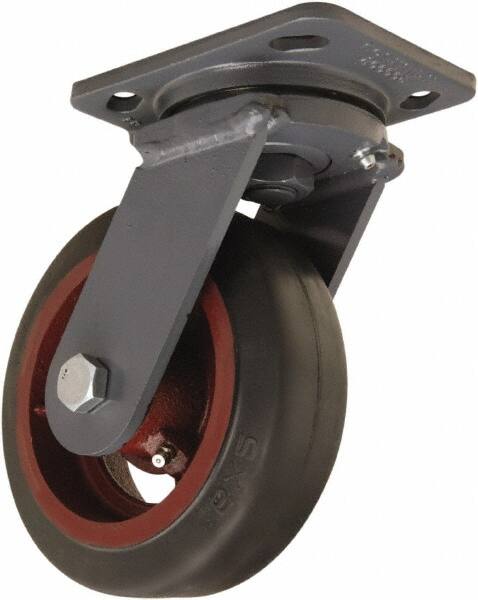 Hamilton - 6" Diam x 2" Wide x 7-1/2" OAH Top Plate Mount Swivel Caster - Rubber Mold on Cast Iron, 410 Lb Capacity, Straight Roller Bearing, 4 x 5" Plate - Exact Tooling
