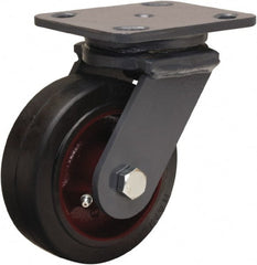 Hamilton - 5" Diam x 2" Wide x 6-1/2" OAH Top Plate Mount Swivel Caster - Rubber Mold on Cast Iron, 350 Lb Capacity, Straight Roller Bearing, 4 x 5" Plate - Exact Tooling