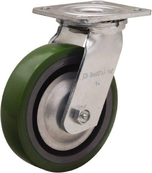 Hamilton - 6" Diam x 1-1/2" Wide x 7-1/2" OAH Top Plate Mount Swivel Caster - Polyurethane Mold onto Cast Iron Center, 850 Lb Capacity, Straight Roller Bearing, 4 x 4-1/2" Plate - Exact Tooling