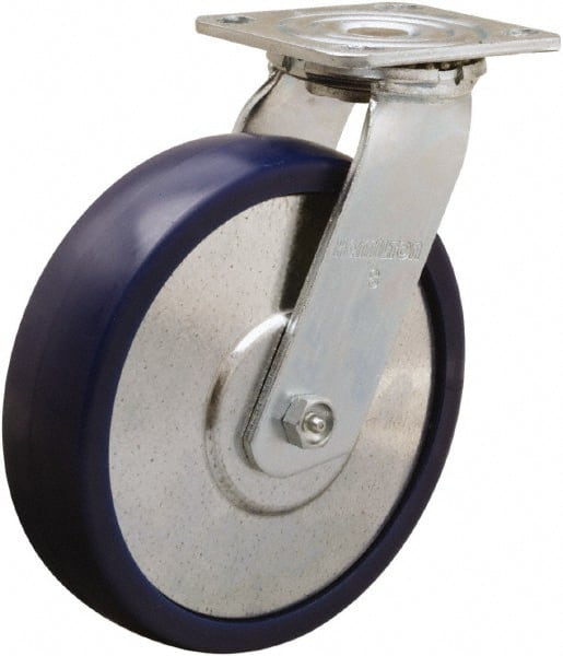 Hamilton - 8" Diam x 2" Wide x 9-1/2" OAH Top Plate Mount Swivel Caster - Polyurethane, 900 Lb Capacity, Sealed Precision Ball Bearing, 4 x 4-1/2" Plate - Exact Tooling