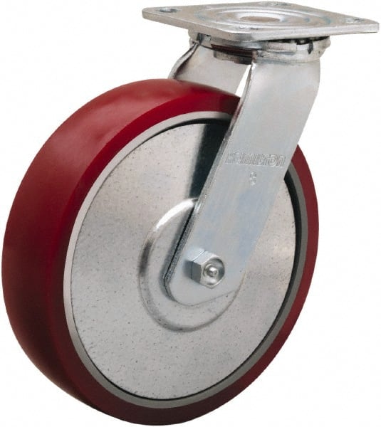 Hamilton - 8" Diam x 2" Wide x 9-1/2" OAH Top Plate Mount Swivel Caster - Polyurethane on Aluminum, 900 Lb Capacity, Straight Roller Bearing, 4 x 4-1/2" Plate - Exact Tooling