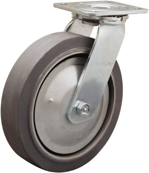 Hamilton - 8" Diam x 2" Wide x 9-1/2" OAH Top Plate Mount Swivel Caster - Rubber Mold on Aluminum, 500 Lb Capacity, Straight Roller Bearing, 4 x 4-1/2" Plate - Exact Tooling