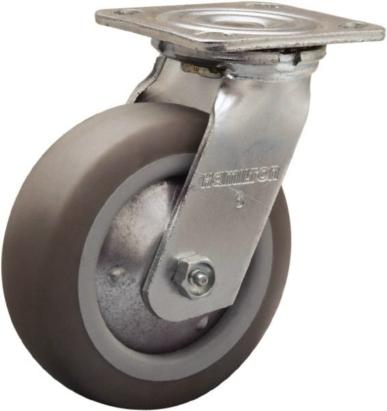 Hamilton - 6" Diam x 2" Wide x 7-1/2" OAH Top Plate Mount Swivel Caster - Rubber Mold on Polyolefin, 410 Lb Capacity, Straight Roller Bearing, 4 x 4-1/2" Plate - Exact Tooling