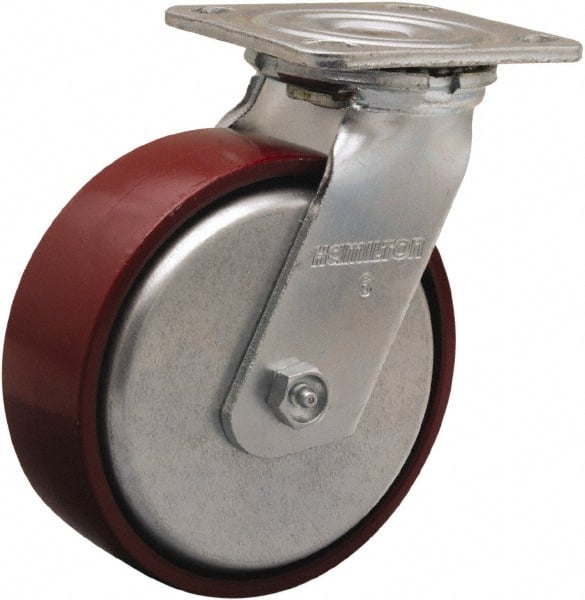 Hamilton - 6" Diam x 2" Wide x 7-1/2" OAH Top Plate Mount Swivel Caster - Cast Iron, 800 Lb Capacity, Sealed Precision Ball Bearing, 4 x 4-1/2" Plate - Exact Tooling