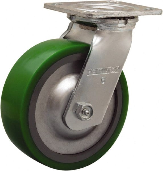 Hamilton - 6" Diam x 2" Wide x 7-1/2" OAH Top Plate Mount Swivel Caster - Polyurethane Mold onto Cast Iron Center, 900 Lb Capacity, Sealed Precision Ball Bearing, 4 x 4-1/2" Plate - Exact Tooling
