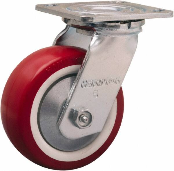 Hamilton - 5" Diam x 2" Wide x 6-1/2" OAH Top Plate Mount Swivel Caster - Polyurethane Mold on Polypropylene, 900 Lb Capacity, Straight Roller Bearing, 4 x 4-1/2" Plate - Exact Tooling