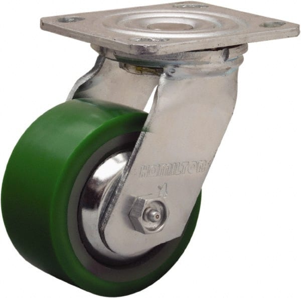 Hamilton - 4" Diam x 2" Wide x 5-5/8" OAH Top Plate Mount Swivel Caster - Polyurethane Mold onto Cast Iron Center, 750 Lb Capacity, Sealed Precision Ball Bearing, 4 x 4-1/2" Plate - Exact Tooling