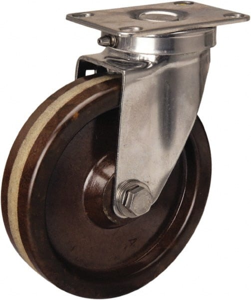 Hamilton - 5" Diam x 1-1/4" Wide x 6-1/4" OAH Top Plate Mount Swivel Caster - Phenolic, 300 Lb Capacity, Plain Bore Bearing, 2-3/8 x 3-5/8" Plate - Exact Tooling