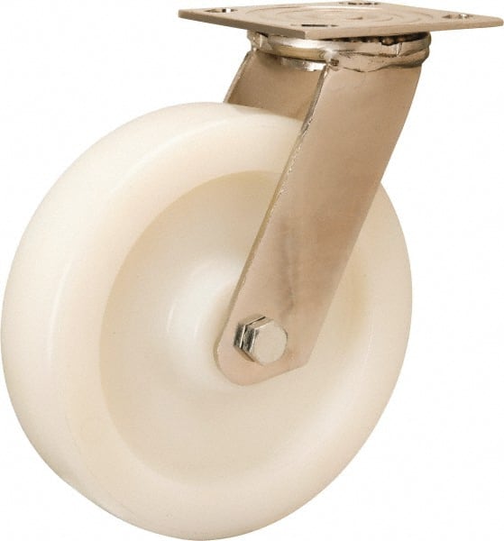 Hamilton - 8" Diam x 2" Wide x 9-1/2" OAH Top Plate Mount Swivel Caster - Nylon, 500 Lb Capacity, Stainless Steel Precision Ball Bearing, 3-3/4 x 4-1/2" Plate - Exact Tooling