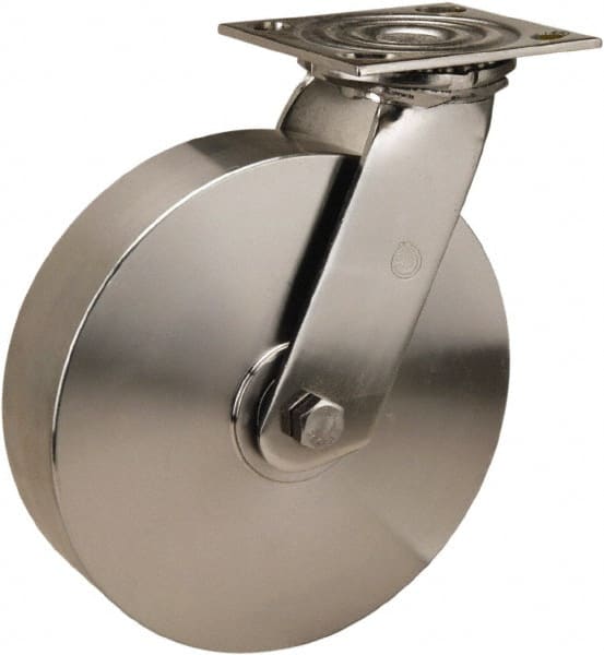 Hamilton - 8" Diam x 2" Wide x 9-1/2" OAH Top Plate Mount Swivel Caster - Stainless Steel, 800 Lb Capacity, Plain Bore Bearing, 4 x 4-1/2" Plate - Exact Tooling