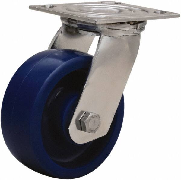 Hamilton - 5" Diam x 2" Wide x 6-1/2" OAH Top Plate Mount Swivel Caster - Polyurethane, 800 Lb Capacity, Delrin Bearing, 3-3/4 x 4-1/2" Plate - Exact Tooling