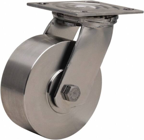 Hamilton - 5" Diam x 2" Wide x 6-1/2" OAH Top Plate Mount Swivel Caster - Forged Steel, 800 Lb Capacity, Delrin Bearing, 3-3/4 x 4-1/2" Plate - Exact Tooling