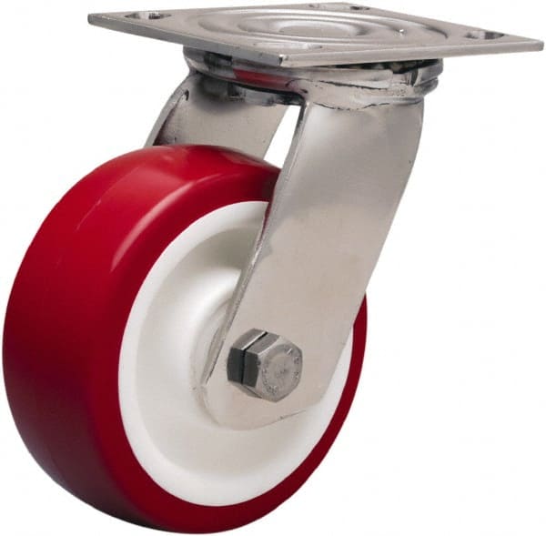 Hamilton - 5" Diam x 2" Wide x 6-1/2" OAH Top Plate Mount Swivel Caster - Polyurethane Mold on Polypropylene, 800 Lb Capacity, Delrin Bearing, 3-3/4 x 4-1/2" Plate - Exact Tooling