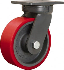 Hamilton - 8" Diam x 3" Wide x 10-1/2" OAH Top Plate Mount Swivel Caster - Polyurethane Mold on Forged Steel, 4,200 Lb Capacity, Precision Ball Bearing, 5-1/4 x 7-1/4" Plate - Exact Tooling