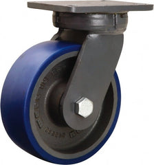 Hamilton - 8" Diam x 3" Wide x 10-1/2" OAH Top Plate Mount Swivel Caster - Polyurethane Mold onto Cast Iron Center, 2,000 Lb Capacity, Precision Tapered Roller Bearing, 5-1/4 x 7-1/4" Plate - Exact Tooling