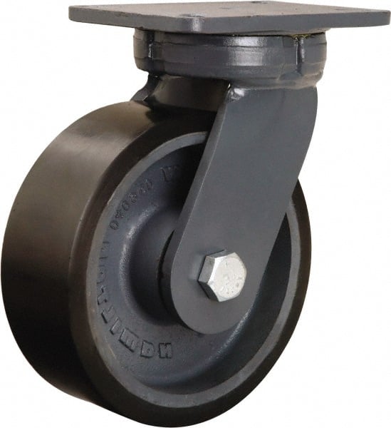 Hamilton - 8" Diam x 3" Wide x 10-1/2" OAH Top Plate Mount Swivel Caster - Polyurethane Mold onto Cast Iron Center, 3,250 Lb Capacity, Sealed Precision Ball Bearing, 5-1/4 x 7-1/4" Plate - Exact Tooling