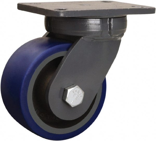 Hamilton - 6" Diam x 3" Wide x 8" OAH Top Plate Mount Swivel Caster - Polyurethane Mold onto Cast Iron Center, 1,800 Lb Capacity, Precision Tapered Roller Bearing, 5-1/4 x 7-1/4" Plate - Exact Tooling