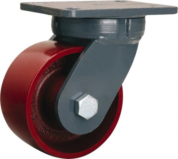 Hamilton - 6" Diam x 3" Wide x 8" OAH Top Plate Mount Swivel Caster - Cast Iron, 2,500 Lb Capacity, Tapered Roller Bearing, 5-1/4 x 7-1/4" Plate - Exact Tooling