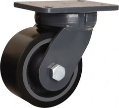 Hamilton - 6" Diam x 3" Wide x 8" OAH Top Plate Mount Swivel Caster - Polyurethane Mold onto Cast Iron Center, 2,860 Lb Capacity, Tapered Roller Bearing, 5-1/4 x 7-1/4" Plate - Exact Tooling