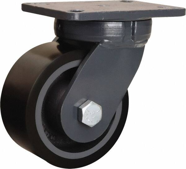 Hamilton - 6" Diam x 3" Wide x 8" OAH Top Plate Mount Swivel Caster - Polyurethane Mold onto Cast Iron Center, 2,860 Lb Capacity, Sealed Precision Ball Bearing, 5-1/4 x 7-1/4" Plate - Exact Tooling