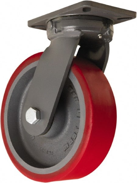 Hamilton - 10" Diam x 3" Wide x 12-1/2" OAH Top Plate Mount Swivel Caster - Polyurethane Mold onto Cast Iron Center, 3,600 Lb Capacity, Sealed Precision Ball Bearing, 5-1/4 x 7-1/4" Plate - Exact Tooling