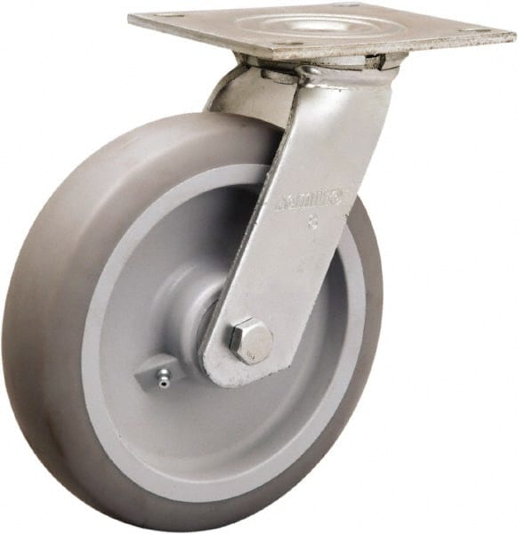 Hamilton - 8" Diam x 2" Wide x 9-1/2" OAH Top Plate Mount Swivel Caster - Rubber Mold on Polyolefin, 500 Lb Capacity, Straight Roller Bearing, 5 x 5-1/2" Plate - Exact Tooling