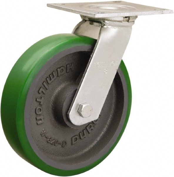 Hamilton - 8" Diam x 2" Wide x 9-1/2" OAH Top Plate Mount Swivel Caster - Polyurethane Mold onto Cast Iron Center, 900 Lb Capacity, Sealed Precision Ball Bearing, 5 x 5-1/2" Plate - Exact Tooling