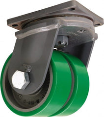 Hamilton - 8" Diam x 3" Wide x 11" OAH Top Plate Mount Dual Swivel Caster - Polyurethane Mold onto Cast Iron Center, 5,000 Lb Capacity, Straight Roller Bearing, 8-1/2 x 8-1/2" Plate - Exact Tooling