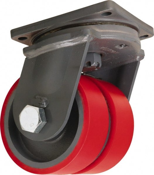 Hamilton - 8" Diam x 3" Wide x 11" OAH Top Plate Mount Dual Swivel Caster - Polyurethane Mold on Forged Steel, 6,000 Lb Capacity, Tapered Roller Bearing, 8-1/2 x 8-1/2" Plate - Exact Tooling