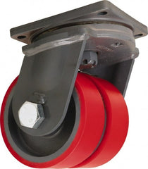 Hamilton - 10" Diam x 3" Wide x 13" OAH Top Plate Mount Dual Swivel Caster - Polyurethane Mold on Forged Steel, 7,200 Lb Capacity, Tapered Roller Bearing, 8-1/2 x 8-1/2" Plate - Exact Tooling