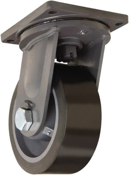 Hamilton - 10" Diam x 4" Wide x 13" OAH Top Plate Mount Swivel Caster - Polyurethane Mold on Forged Steel, 6,500 Lb Capacity, Tapered Roller Bearing, 8-1/2 x 8-1/2" Plate - Exact Tooling