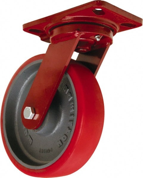 Hamilton - 8" Diam x 2" Wide x 9-3/4" OAH Top Plate Mount Swivel Caster - Polyurethane Mold onto Cast Iron Center, 1,800 Lb Capacity, Tapered Roller Bearing, 4-1/2 x 6-1/2" Plate - Exact Tooling