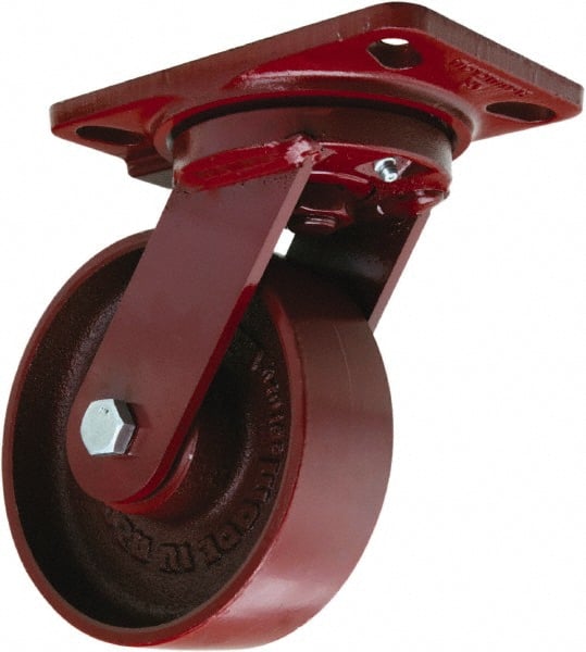 Hamilton - 6" Diam x 2" Wide x 7-3/4" OAH Top Plate Mount Swivel Caster - Cast Iron, 1,400 Lb Capacity, Sealed Precision Ball Bearing, 4-1/2 x 6-1/2" Plate - Exact Tooling