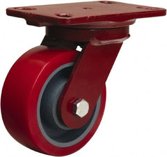 Hamilton - 5" Diam x 2" Wide x 6-3/4" OAH Top Plate Mount Swivel Caster - Polyurethane Mold on Forged Steel, 1,250 Lb Capacity, Tapered Roller Bearing, 4-1/2 x 6-1/2" Plate - Exact Tooling