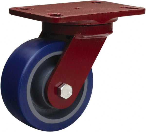 Hamilton - 5" Diam x 2" Wide x 6-3/4" OAH Top Plate Mount Swivel Caster - Polyurethane Mold onto Cast Iron Center, 840 Lb Capacity, Tapered Roller Bearing, 4-1/2 x 6-1/2" Plate - Exact Tooling