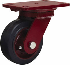 Hamilton - 5" Diam x 2" Wide x 6-3/4" OAH Top Plate Mount Swivel Caster - Rubber Mold on Cast Iron, 350 Lb Capacity, Straight Roller Bearing, 4-1/2 x 6-1/2" Plate - Exact Tooling