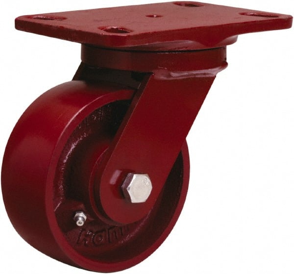 Hamilton - 5" Diam x 2" Wide x 6-3/4" OAH Top Plate Mount Swivel Caster - Cast Iron, 1,300 Lb Capacity, Sealed Precision Ball Bearing, 4-1/2 x 6-1/2" Plate - Exact Tooling