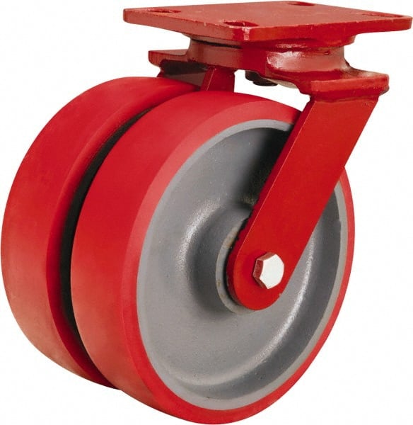 Hamilton - 8" Diam x 2" Wide x 9-3/4" OAH Top Plate Mount Swivel Caster - Polyurethane Mold onto Cast Iron Center, 2,500 Lb Capacity, Sealed Precision Ball Bearing, 4-1/2 x 6-1/2" Plate - Exact Tooling