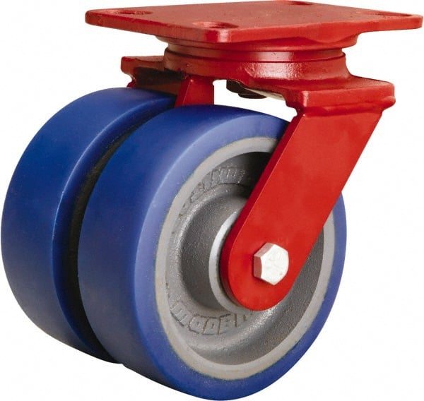 Hamilton - 6" Diam x 2" Wide x 7-3/4" OAH Top Plate Mount Swivel Caster - Polyurethane Mold onto Cast Iron Center, 1,920 Lb Capacity, Sealed Precision Ball Bearing, 4-1/2 x 6-1/2" Plate - Exact Tooling