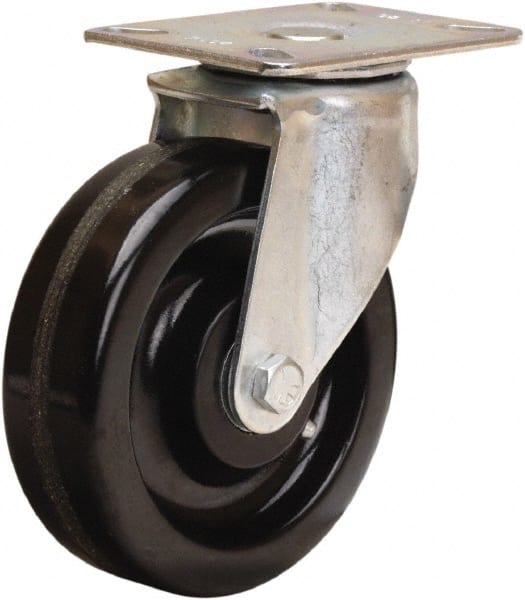 Hamilton - 5" Diam x 1-1/2" Wide x 6-1/16" OAH Top Plate Mount Swivel Caster - Phenolic, 400 Lb Capacity, Straight Roller Bearing, 3-1/8 x 4-1/8" Plate - Exact Tooling