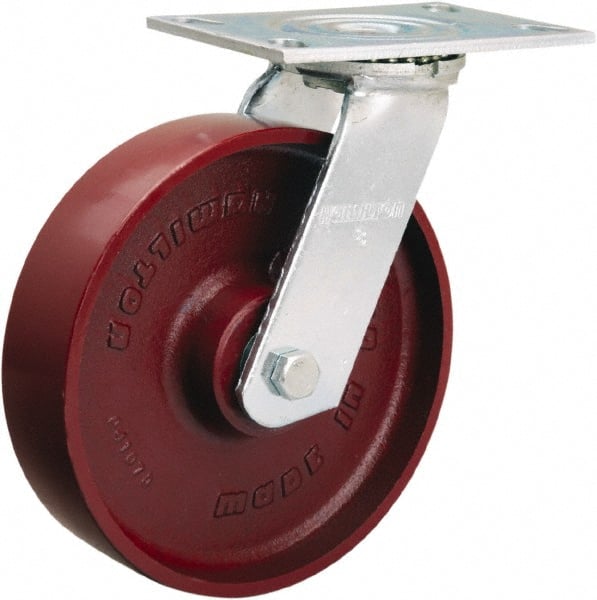 Hamilton - 8" Diam x 2" Wide x 9-1/2" OAH Top Plate Mount Swivel Caster - Cast Iron, 1,250 Lb Capacity, Sealed Precision Ball Bearing, 4-1/2 x 6-1/4" Plate - Exact Tooling