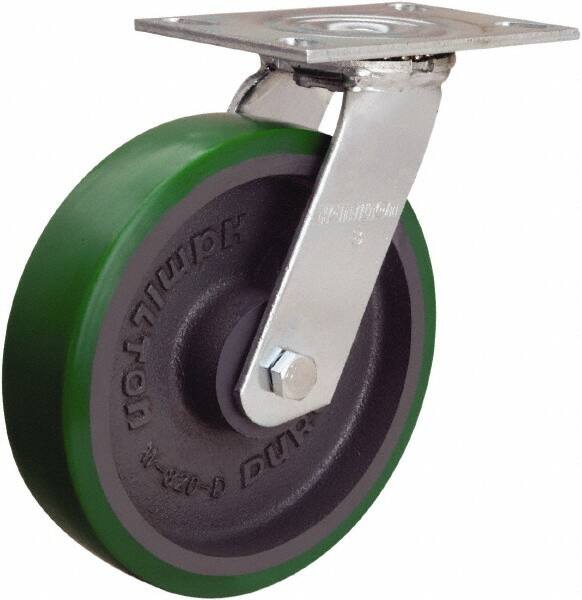 Hamilton - 8" Diam x 2" Wide x 9-1/2" OAH Top Plate Mount Swivel Caster - Polyurethane Mold onto Cast Iron Center, 900 Lb Capacity, Sealed Precision Ball Bearing, 4-1/2 x 6-1/4" Plate - Exact Tooling