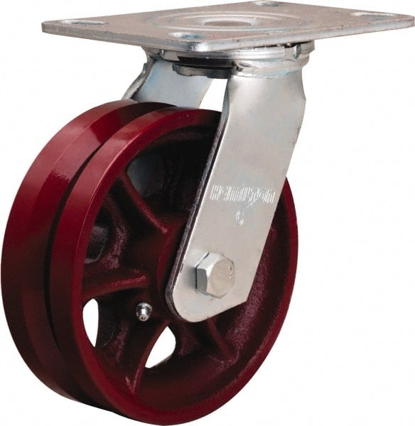 Hamilton - 6" Diam x 2" Wide, Iron Swivel Caster - 900 Lb Capacity, Top Plate Mount, 4-1/2" x 6-1/2" Plate, Straight Roller Bearing - Exact Tooling