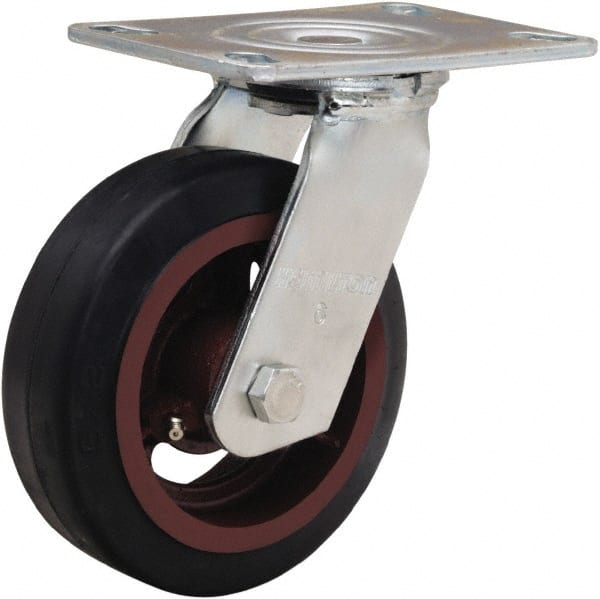 Hamilton - 6" Diam x 2" Wide x 7-1/2" OAH Top Plate Mount Swivel Caster - Rubber Mold on Cast Iron, 410 Lb Capacity, Straight Roller Bearing, 4-1/2 x 6-1/4" Plate - Exact Tooling