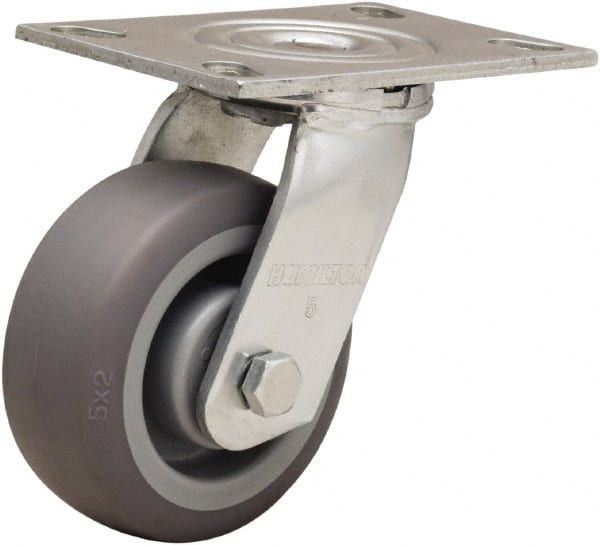 Hamilton - 5" Diam x 2" Wide x 6-1/2" OAH Top Plate Mount Swivel Caster - Rubber Mold on Polyolefin, 350 Lb Capacity, Straight Roller Bearing, 4-1/2 x 6-1/4" Plate - Exact Tooling