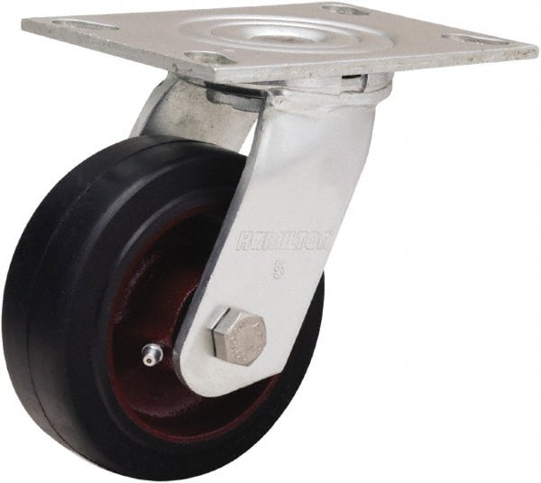 Hamilton - 5" Diam x 2" Wide x 6-1/2" OAH Top Plate Mount Swivel Caster - Rubber Mold on Cast Iron, 350 Lb Capacity, Straight Roller Bearing, 4-1/2 x 6-1/4" Plate - Exact Tooling